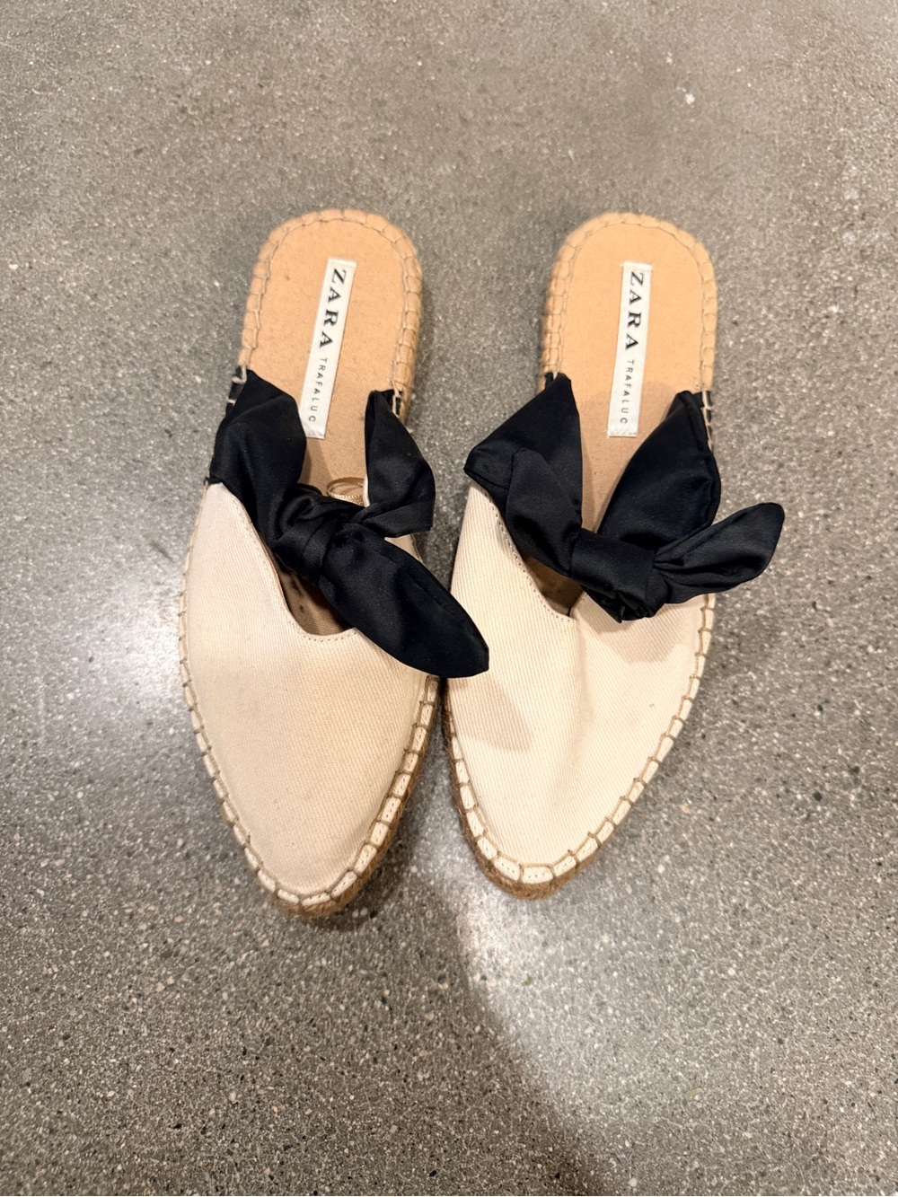 Zara Beige Canvas Espadrille Mules with Black Bow Accent